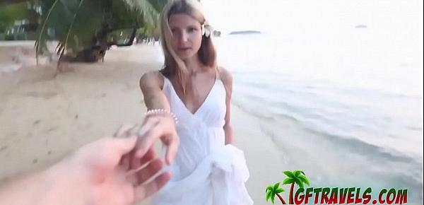  Hot blond girlfriend gets aroused by the beach and gives her lucky man a blowjob